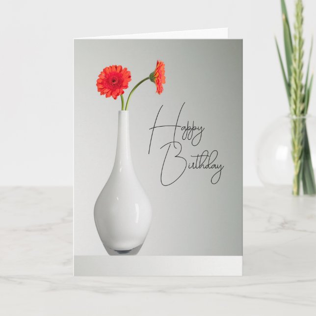 Tarjeta Feliz Cumpleaños | Gerbera Naranja en Jarrón (Anverso)