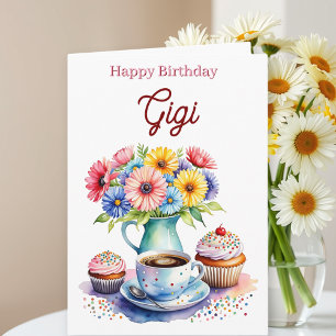 Tarjeta Feliz cumpleaños Gigi   Flores y Cupcakes
