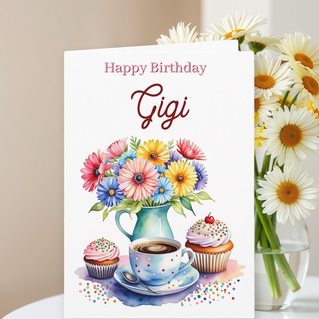 Tarjeta Feliz cumpleaños Gigi | Flores y Cupcakes (Subido por el creador)