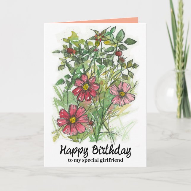 Tarjeta Feliz cumpleaños Girlfriend Cosmos Pink Wildflower (Anverso)