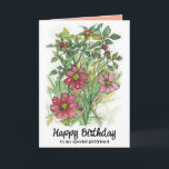 Tarjeta Feliz cumpleaños Girlfriend Cosmos Pink Wildflower<br><div class="desc">Felices saludos de cumpleaños a una novia especial que presenta un ramo de flores de cosmos rosadas y otras flores silvestres dibujadas a mano con tinta negra y acuarela. En el interior hay una sombra de coordinación de melón naranja y texto que se puede editar para adaptarlo a sus necesidades....</div>