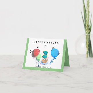 Tarjeta Feliz cumpleaños, globo rojo, azul, verde de 3 año
