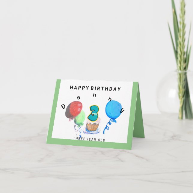 Tarjeta Feliz cumpleaños, globo rojo, azul, verde de 3 año (Anverso)