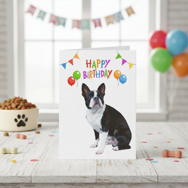 Tarjeta Feliz cumpleaños, globos y pancartas del Boston Te (Happy Birthday Boston Terrier Balloons and Banner Card)