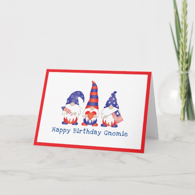 Tarjeta Feliz cumpleaños Gnomie Red White Blue Card (Anverso)