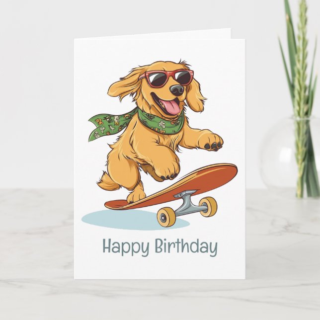 Tarjeta Feliz cumpleaños Golden Retriever Dog Skateboardin (Anverso)