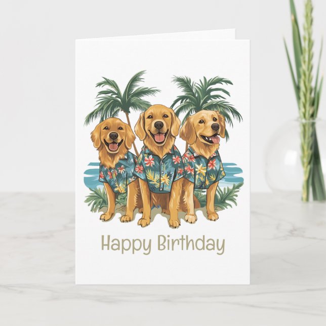Tarjeta Feliz cumpleaños, Golden Retriever dogs Hawaiian (Anverso)