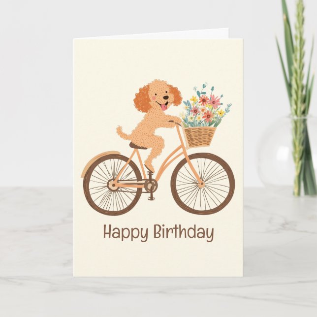Tarjeta Feliz cumpleaños Goldendoodle Dog Biking Spring (Anverso)