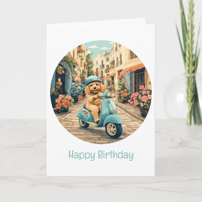 Tarjeta Feliz cumpleaños Goldendoodle Dog Riding Scooter (Anverso)