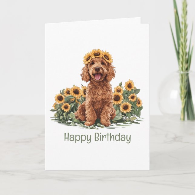 Tarjeta Feliz cumpleaños Goldendoodle Dog Sunflower Crown (Anverso)