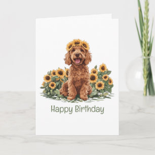 Tarjeta Feliz cumpleaños Goldendoodle Dog Sunflower Crown