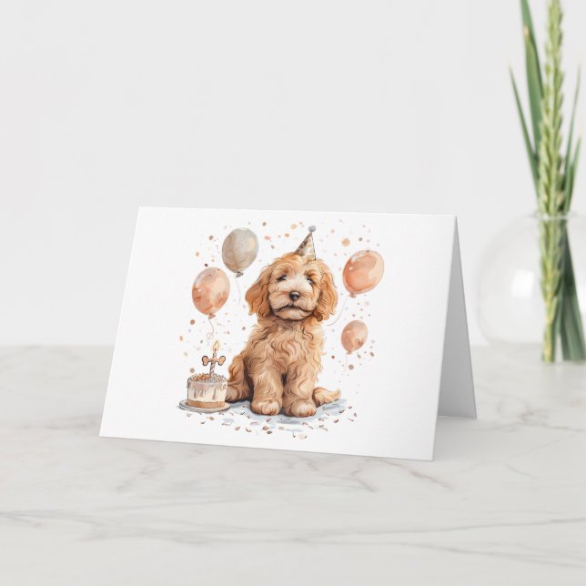 Tarjeta Feliz cumpleaños Goldendoodle Perro Pastel de cump (Anverso)
