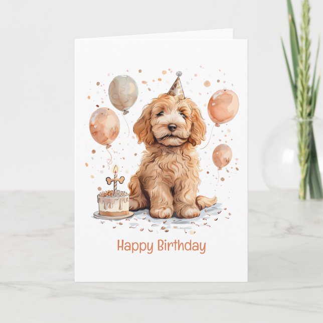 Tarjeta Feliz cumpleaños Goldendoodle Perro Pastel de cump (Anverso)