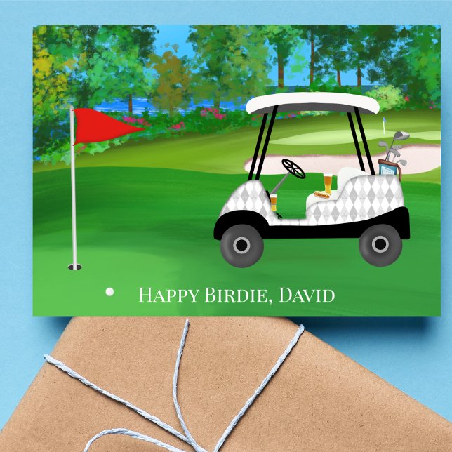 Tarjeta Feliz Cumpleaños Golf Con Carro, Cerveza, Hotdog (Tee up the perfect birthday celebration for your golf-loving, beer-sipping friend!)
