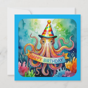Tarjeta Feliz Cumpleaños Gorro de Fiesta de Pulpo Diseño A