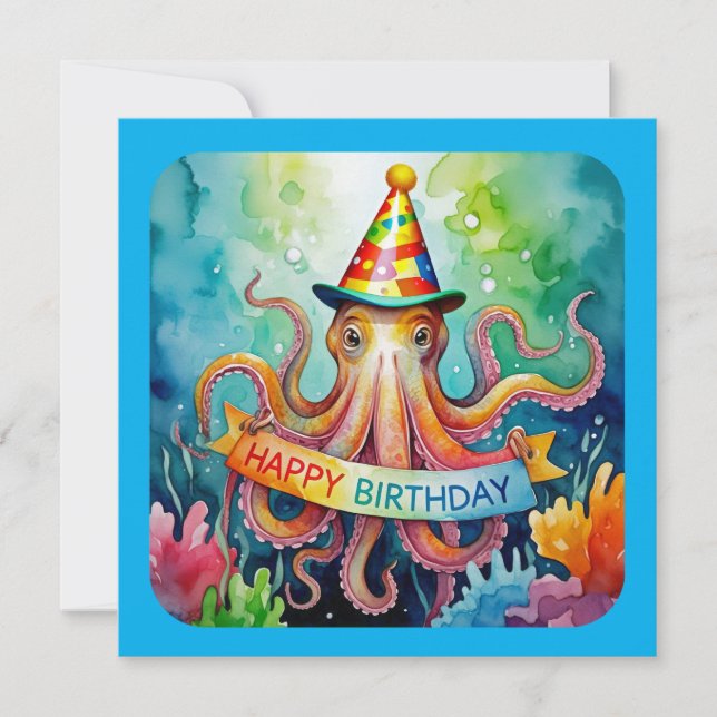Tarjeta Feliz Cumpleaños Gorro de Fiesta de Pulpo Diseño A (Anverso)