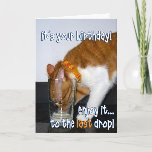 Tarjeta Feliz cumpleaños - Gracioso gato bebiendo de vidri (Anverso)
