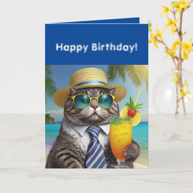 Tarjeta Feliz cumpleaños Gracioso Gato de Guay Mai Tai (flor amarilla)