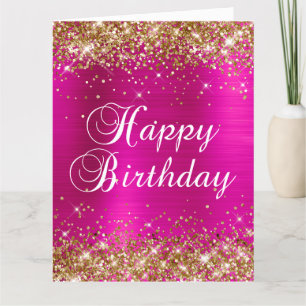 Tarjeta Feliz Cumpleaños Grande Brillante Rosa Dorado