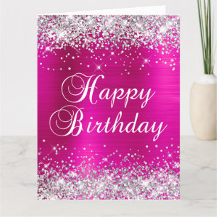 Tarjeta Feliz Cumpleaños Grande Plateado Brillante Rosa Fu