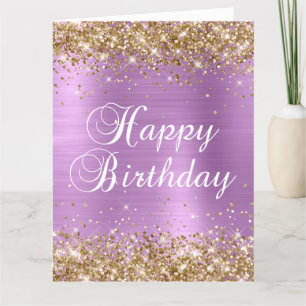 Tarjeta Feliz Cumpleaños Grande Purpurina Dorada Lavanda