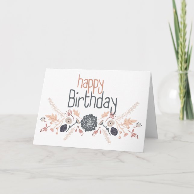 Tarjeta Feliz cumpleaños Gray Blue Peach Floral Motif (Anverso)