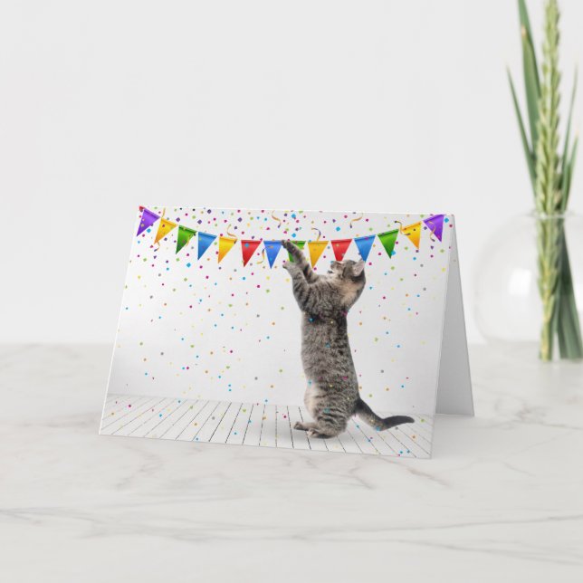 Tarjeta Feliz cumpleaños Gray Tabby Cat en Confetti (Anverso)
