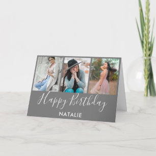 Tarjeta Feliz cumpleaños Grey y White 3 Collage de fotos