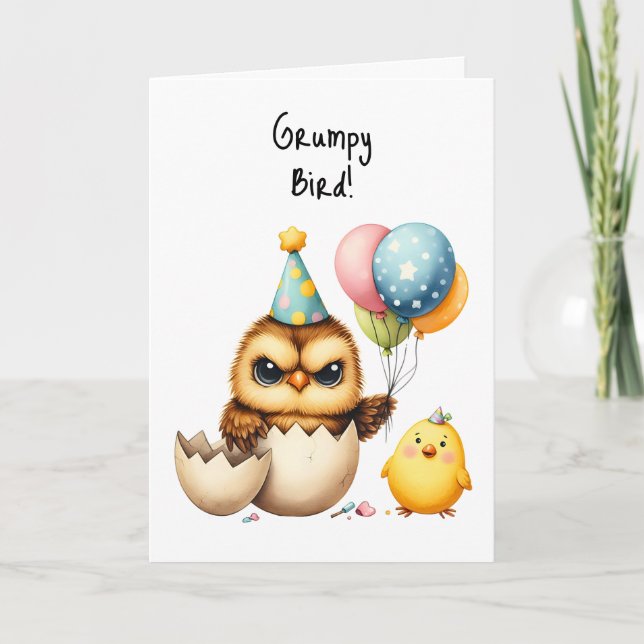 Tarjeta Feliz cumpleaños Grumpy Bird con globos de huevo c (Anverso)