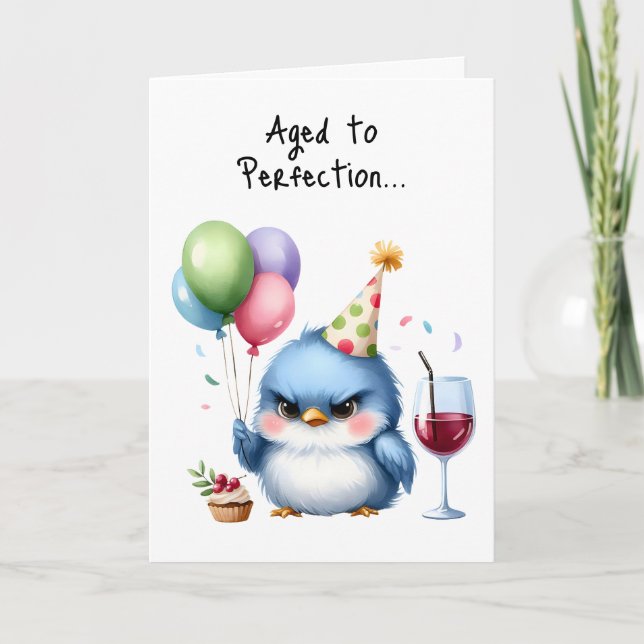 Tarjeta Feliz cumpleaños Grumpy Bird Cupakes Balloons Wine (Anverso)