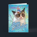 Tarjeta Feliz cumpleaños Grumpy Cat<br><div class="desc">Esta tarjeta presenta Gato Grumpy en un gorra fiesta,  con "Feliz Cumpleaños" en la parte delantera.</div>