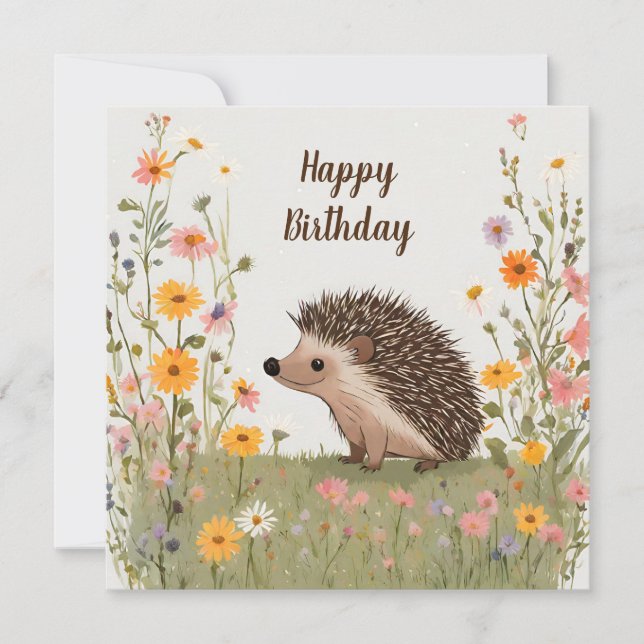 Tarjeta Feliz cumpleaños, hedgehog y naturaleza de las flo (Anverso)