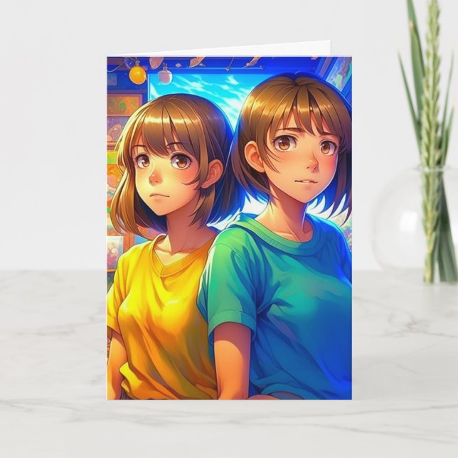 Tarjeta Feliz cumpleaños, hermana gemela | Chicas de anime (Anverso)