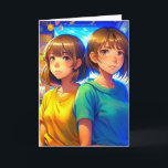 Tarjeta Feliz cumpleaños, hermana gemela | Chicas de anime<br><div class="desc">Tarjeta de cumpleaños para una hermana gemela. Coloridos Anime Kids en la ciudad ai art. generativecontenent</div>