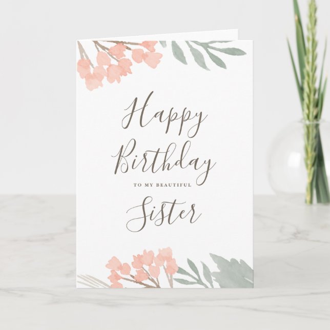 Tarjeta Feliz cumpleaños hermana saludo floral (Anverso)