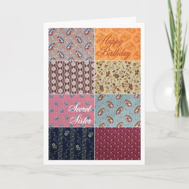 Tarjeta Feliz cumpleaños, hermana secreta Crazy Quilt (Anverso)