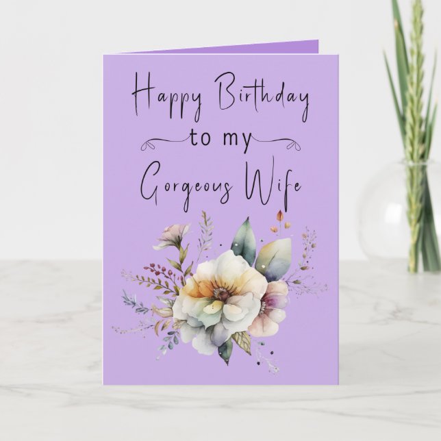 Tarjeta Feliz cumpleaños hermosa esposa flores púrpura (Anverso)