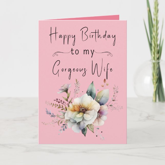 Tarjeta Feliz cumpleaños hermosa esposa flores rosadas (Anverso)