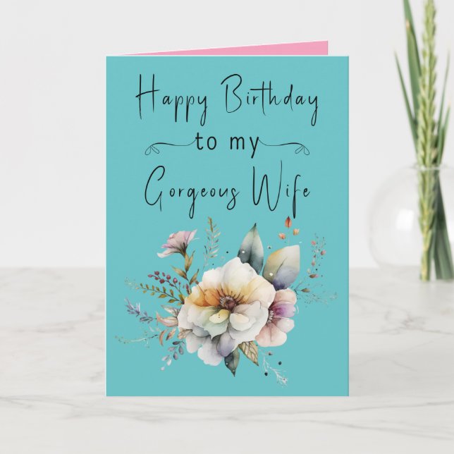 Tarjeta Feliz cumpleaños hermosa esposa flores turquesa (Anverso)