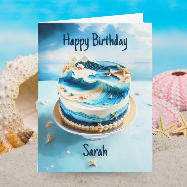 Tarjeta Feliz Cumpleaños Hermosa Torta de Cumpleaños de Pl (Ocean Bliss: Celebrate with Stunning Beach-Themed Birthday Cake Card.)