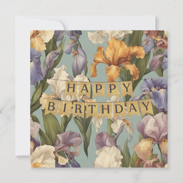 Tarjeta Feliz cumpleaños, hermosas flores de Iris (Anverso)