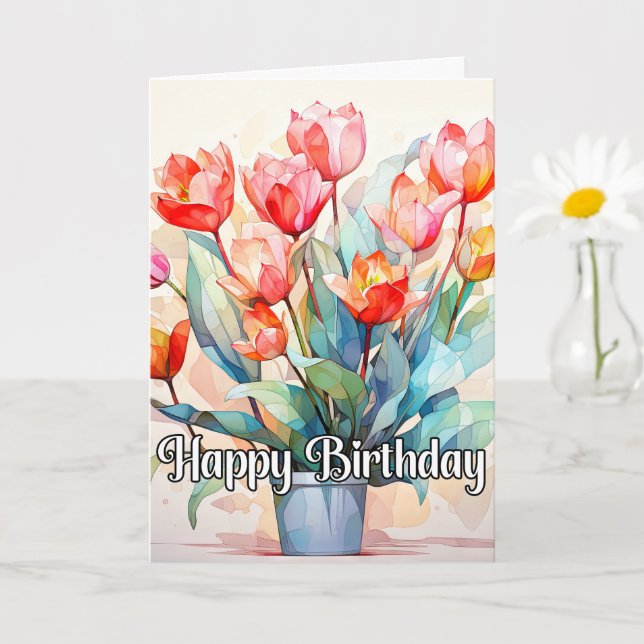 Tarjeta Feliz cumpleaños, hermosas flores de tulipán (Planta pequeña)