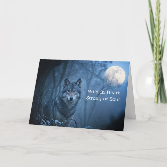 Tarjeta Feliz cumpleaños, hermoso lobo fuerte (Anverso)