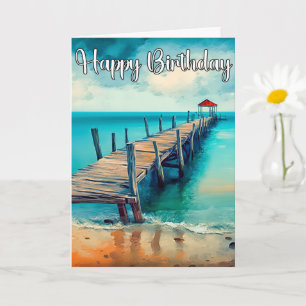 Tarjeta Feliz cumpleaños, hermoso muelle marítimo