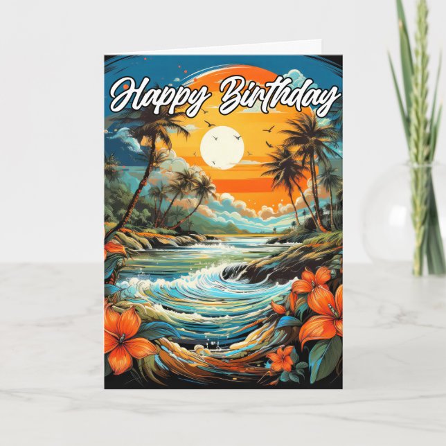 Tarjeta Feliz cumpleaños, hermoso océano tropical (Anverso)