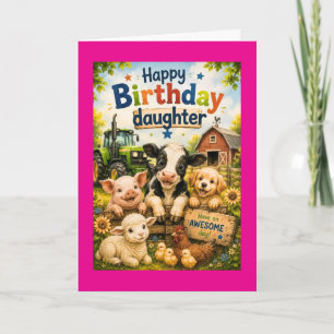 Tarjeta Feliz Cumpleaños Hija Animales de Granja (Rosa)