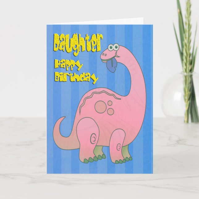 Tarjeta Feliz cumpleaños, hija, dinosaurio rosa (Anverso)
