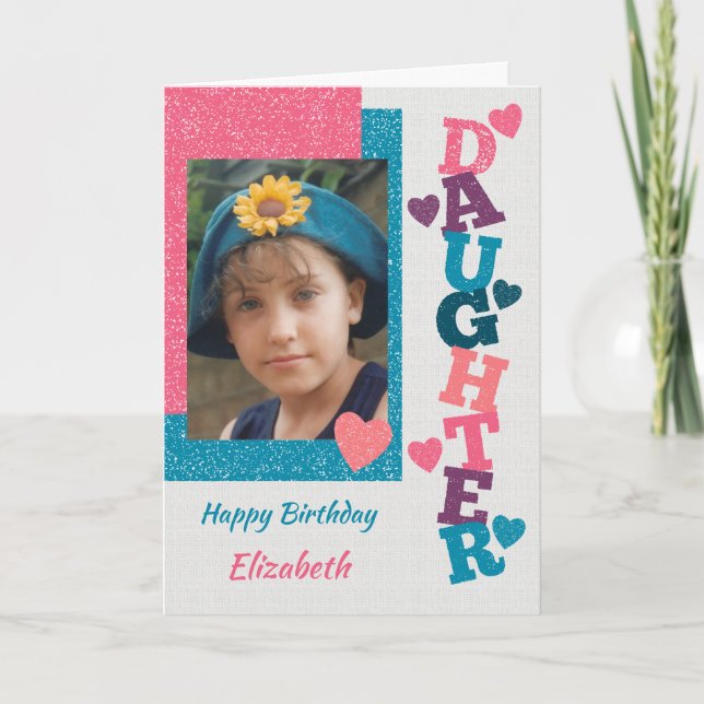 Tarjeta Feliz cumpleaños hija foto rosa y azul (Anverso)