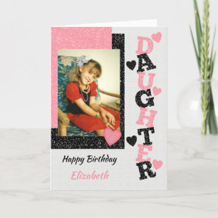 Tarjeta Feliz cumpleaños Hija foto rosa y negra