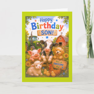 Tarjeta Feliz Cumpleaños Hijo Animales de Granja 